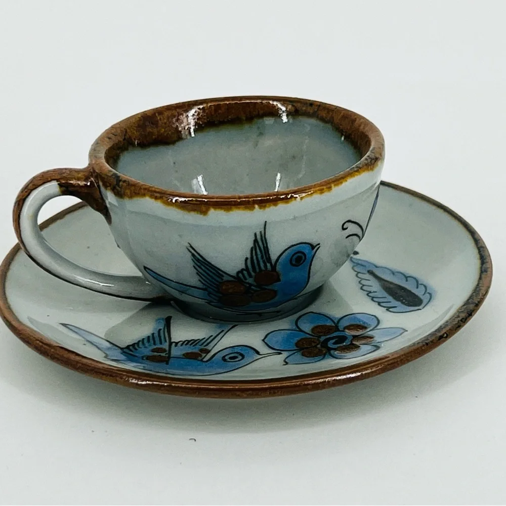 Vintage Ken Edwards Tonala Pottery Cup & Saucer Set El Palomar Blue Bird Signed - Picture 3 of 14
